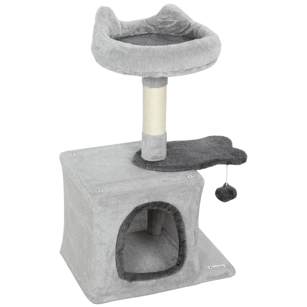 71 cm cat tree with soft bed, comfortable den, scratching post and hanging ball, light grey