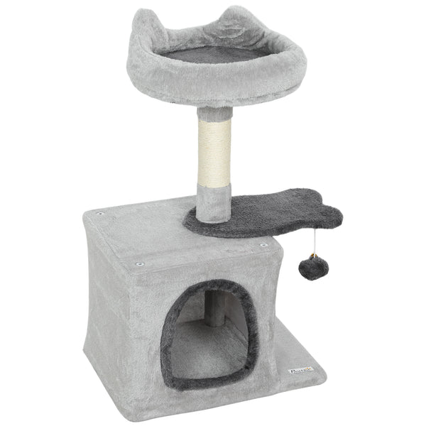 71 cm cat tree with soft bed, comfortable den, scratching post and hanging ball, light grey