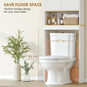 Storage unit to be installed above the toilet, adjustable shelf, bathroom storage cabinet, white and oak