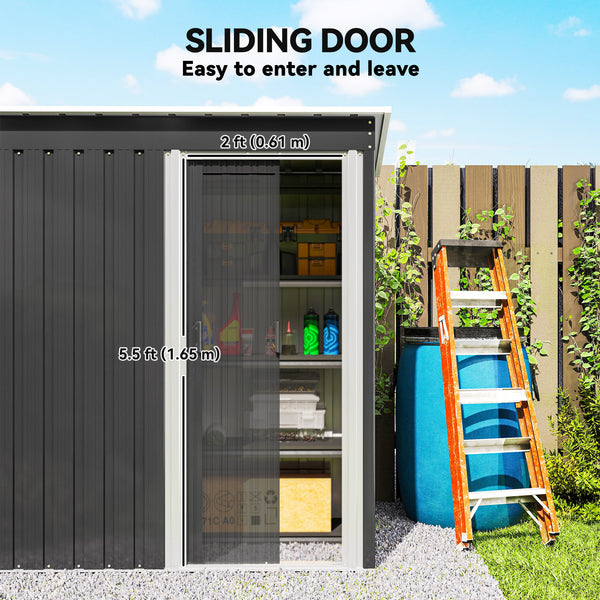 Garden shed with sliding door and sloping roof, steel frame, black