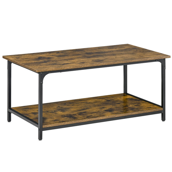 Industrial Coffee Table with 2-Tier Storage Shelf, Rustic Brown