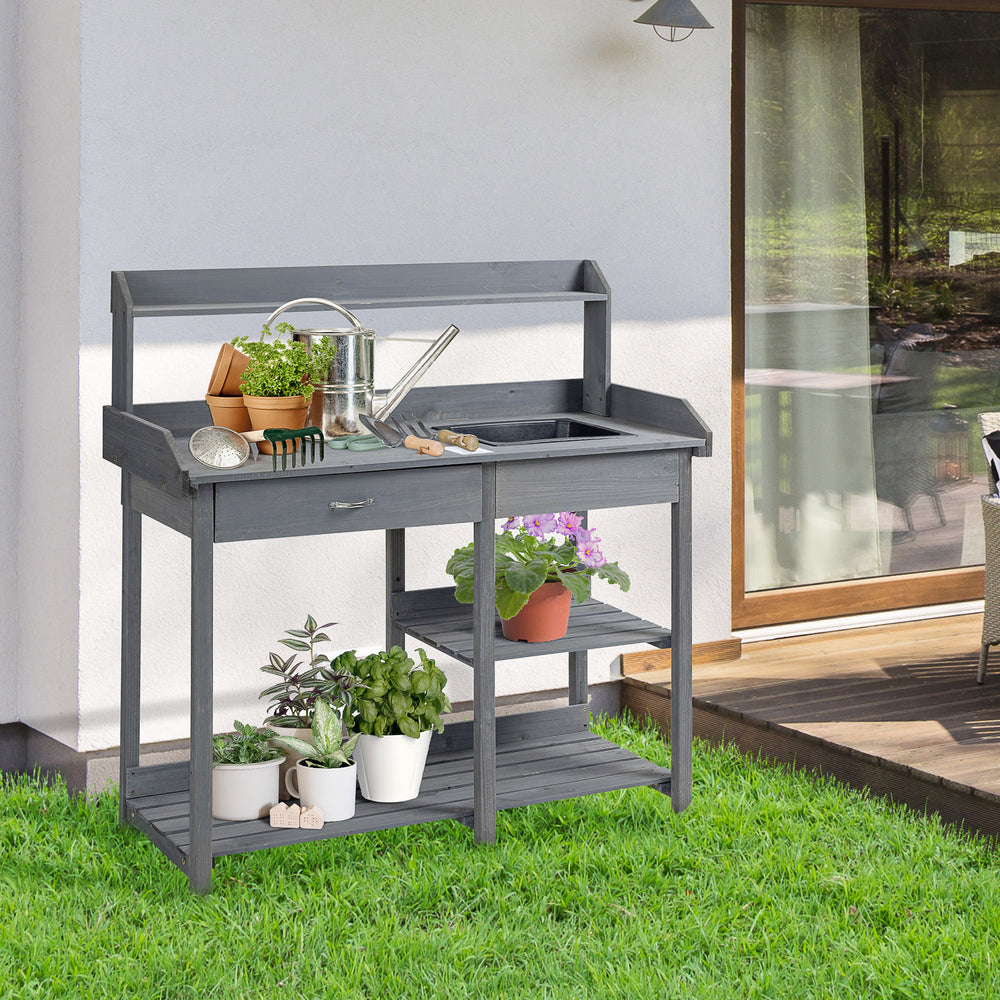 Potting table with drawer, removable sink, storage shelves and hooks