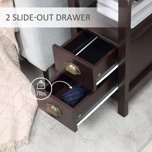 Narrow side table with 2 drawers and storage shelf, coffee