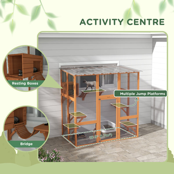 Cat enclosure with waterproof roof, resting niche and platforms, orange