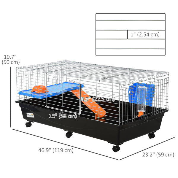 47" Rolling cage with a feeding bowl, a water bottle and an access ramp