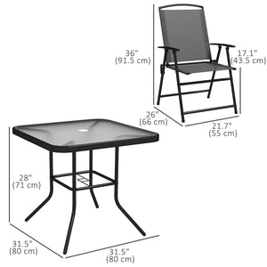 5 Piece Outdoor Dining Set with Glass Table and 4 Mesh Folding Chairs, Small Garden Furniture, Grey
