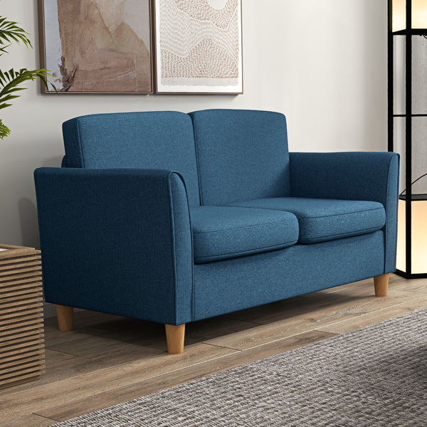 2 seater sofa with armrests and wooden legs for living room, bedroom, blue
