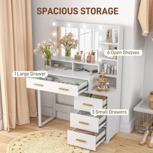 LED illuminated dressing table with mirror, drawer and storage shelves, white 