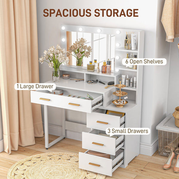 LED illuminated dressing table with mirror, drawer and storage shelves, white 