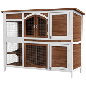 Two-tier wooden hutch with opening roof and pull-out tray