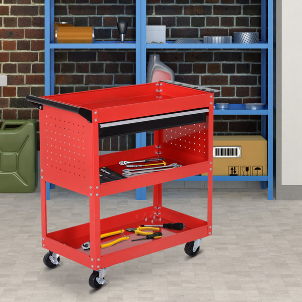 Utility trolley with ball-bearing drawer for garage, warehouse, workshop, red