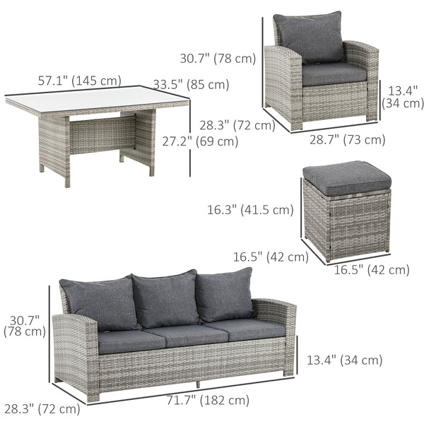 6 Piece Rattan Garden Furniture Set with 3 Seater Sofa, Armchairs, Footstool and Table, Light Grey