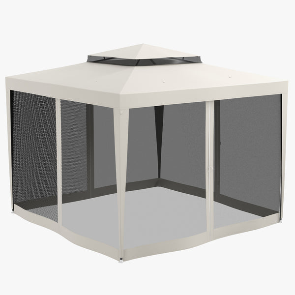 10' x 10' Gazebo with Mesh Netting and Two-Tier Roof for Garden, Patio, Cream White