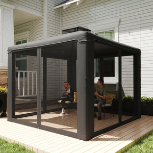 9.6' x 9.6' garden pavilion with steel frame and mosquito netting, dark grey