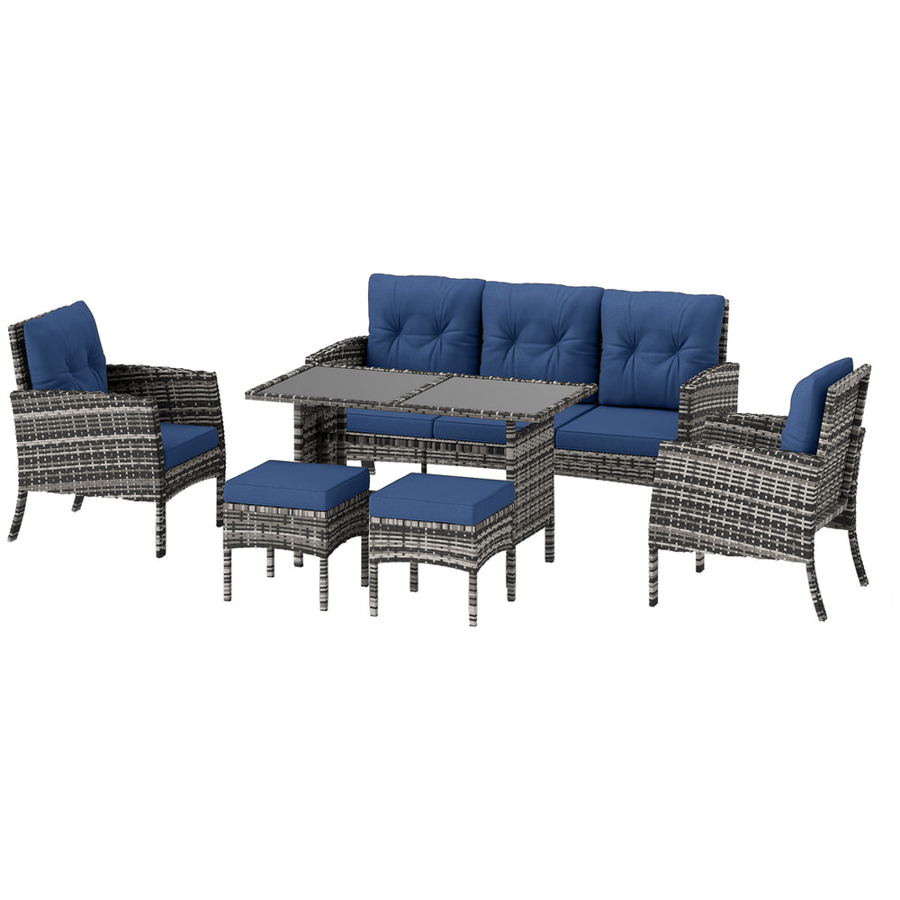 6 Piece Garden Furniture Set with Garden Chairs, Ottomans, Sofa, Glass Table and Cushions, Navy Blue