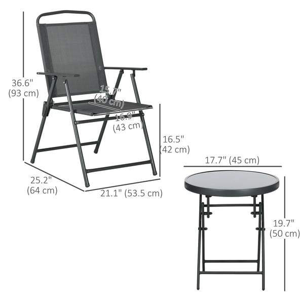 3-piece folding bistro set with mesh chairs and glass table, anthracite grey