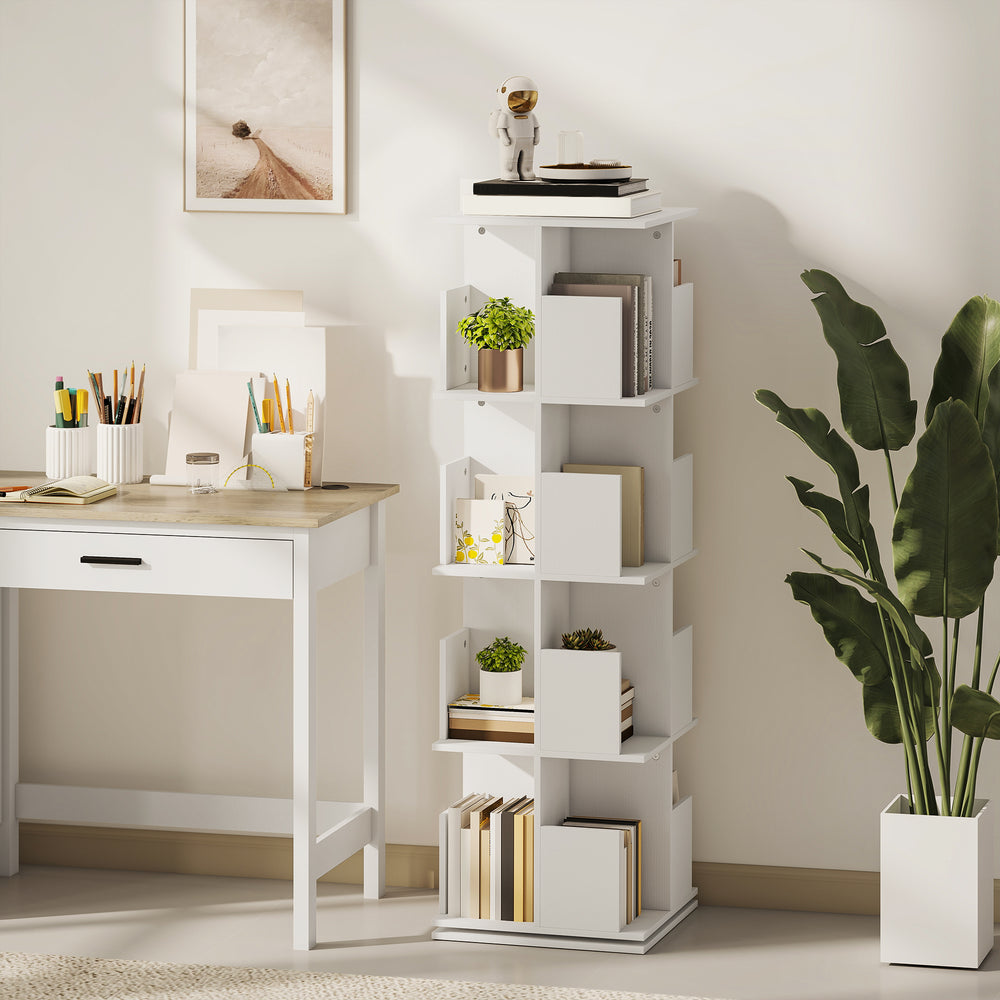 360° Rotating Bookcase with 4 Tiers and 16 Compartments, White Wood