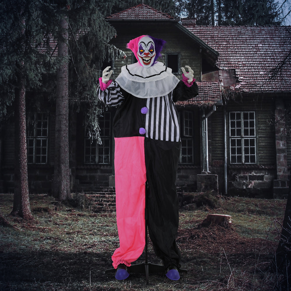 68-inch Animated Halloween Clown with Red LED Eyes, Sounds, and Motion – Black, White, and Pink
