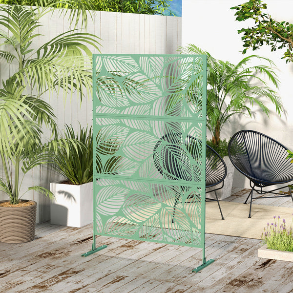 Decorative outdoor metal screen with stand, leaf pattern, light green