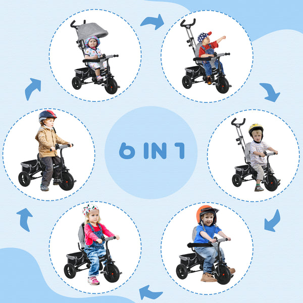 6 in 1 Toddler Tricycle with Basket, Canopy, 5-Point Safety Harness, Grey