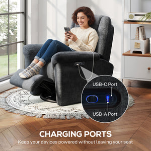 Electric reclining chair, fabric upholstery, USB ports, swivel and rocking function, footrest, dark grey