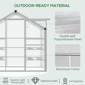 Outdoor polycarbonate greenhouse with 3-tier shelves, sliding door and aluminum frame
