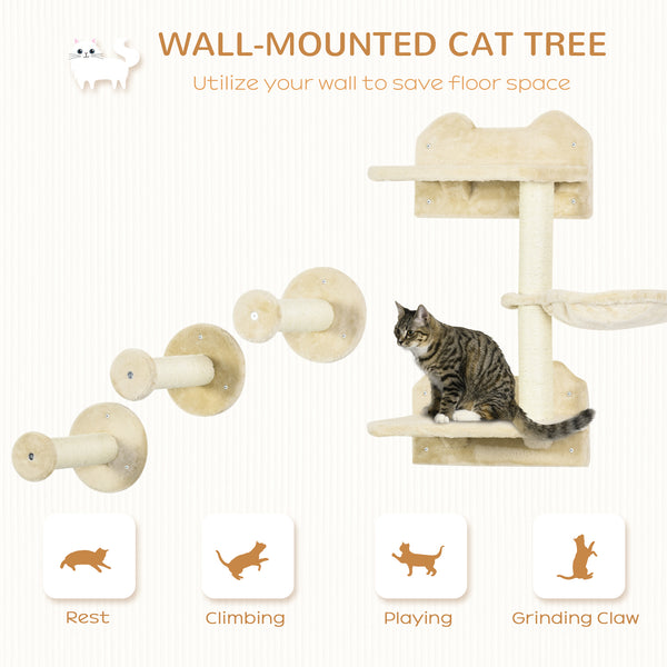 Wall-mounted cat shelf with scratching post and hammock, beige