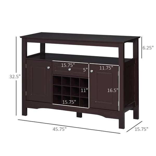 Modern kitchen buffet with drawer and 12-bottle wine rack, espresso color.