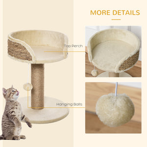 Cat tree with scratching post, play ball, perch and small tower, beige 