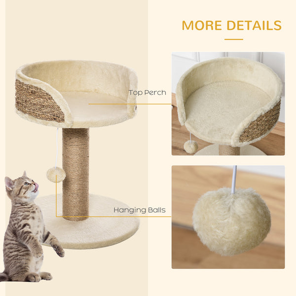 Cat tree with scratching post, play ball, perch and small tower, beige 