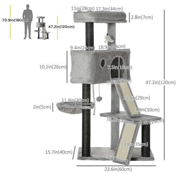 47" Cat Tree with Ramp, Hammock, Hanging Toys, Sisal Rope Scratching Post, Light Grey