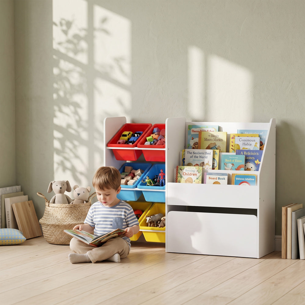 Toy storage unit with bookcase, 6 bins, and rolling toy box, white