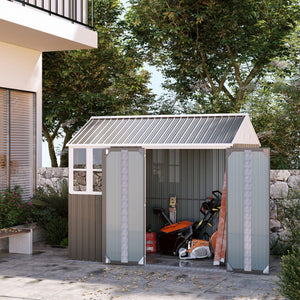 Metal garden shed with lockable door, ventilation, sloping roof, light grey