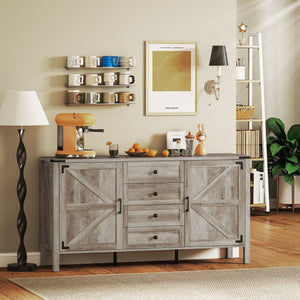 Country style sideboard with thick top, 2 barn doors, 4 drawers and 2 adjustable shelves, gray
