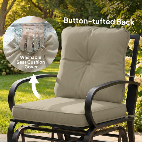 Rocking armchair with cushions, steel frame, curved armrests, beige