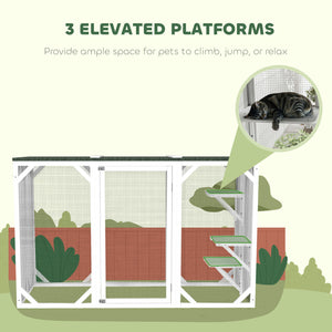 Cat enclosure with waterproof roof, multi-level platforms, lock, white