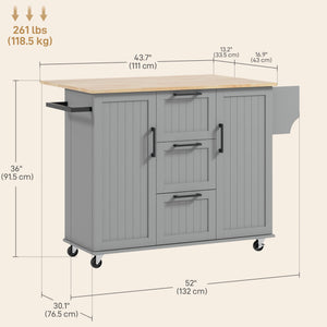 Kitchen trolley on wheels with flap, 3 drawers, solid wood top and towel rail