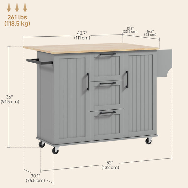 Kitchen trolley on wheels with flap, 3 drawers, solid wood top and towel rail