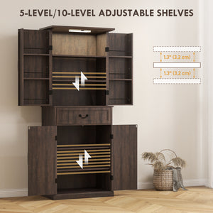 Country style storage unit with door shelves and LEDs, aged brown