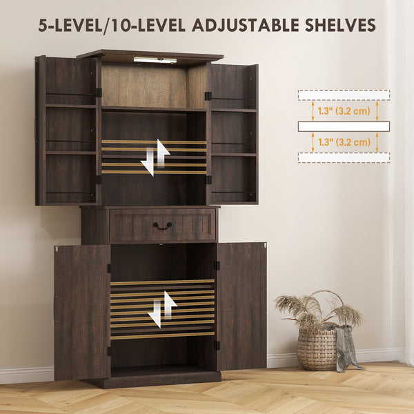 Country style storage unit with door shelves and LEDs, aged brown