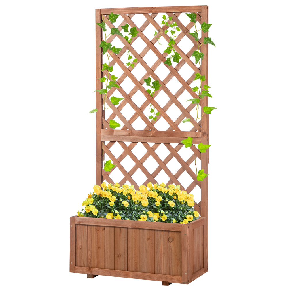 Raised pine planter with trellis for climbing plants and flowers