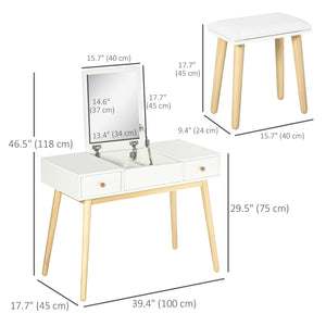 Dressing table with folding mirror and padded stool, white 