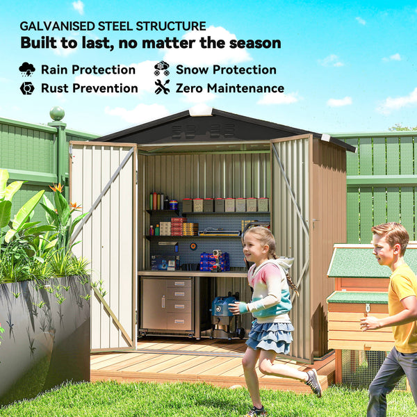 Metal garden shed, with lockable double door and 4 vents, brown.
