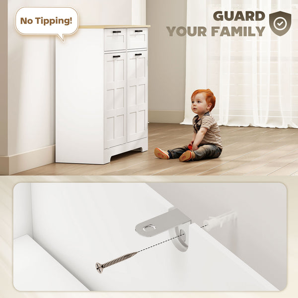 13 Gallon Tilt-Out Trash Can Cabinet with 2 Drawers, Door Shelves and Adjustable Shelves, White.