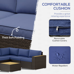 6 Piece Garden Furniture Set with Corner Sofa, Coffee Table, Wood and Plastic, Navy Blue