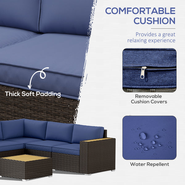 6 Piece Garden Furniture Set with Corner Sofa, Coffee Table, Wood and Plastic, Navy Blue