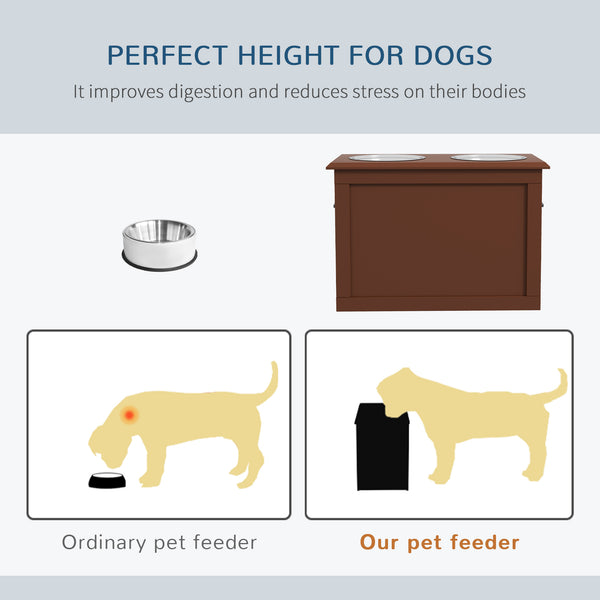Raised dog bowls with storage, brown
