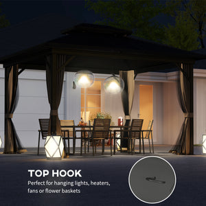 10' x 12' Hardtop Gazebo, Sun Shelter with Two-Tier Metal Roof, Mosquito Netting and Hanging Hook, Dark Brown