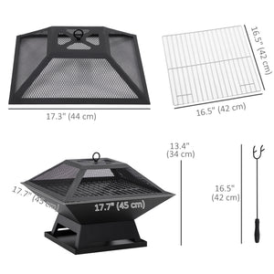Wood-burning fireplace with cooking grate, spark screen and poker, black
