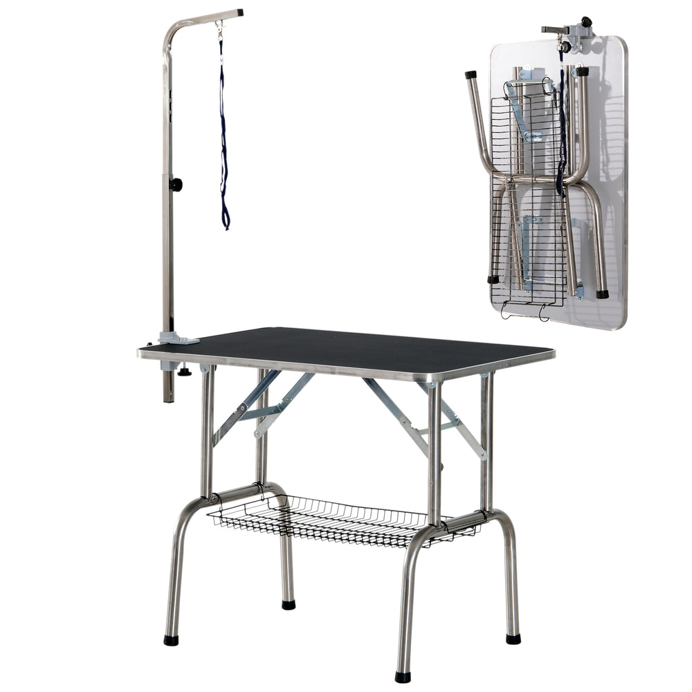 Stainless steel dog grooming table with adjustable arm and basket